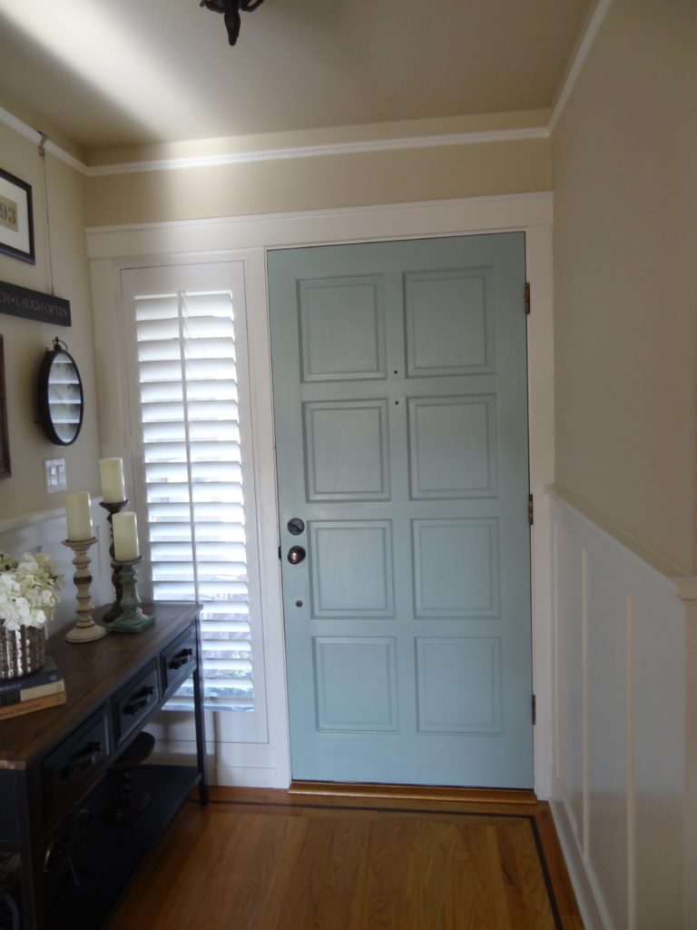 painted interior front door, benjamin moore wythe blue