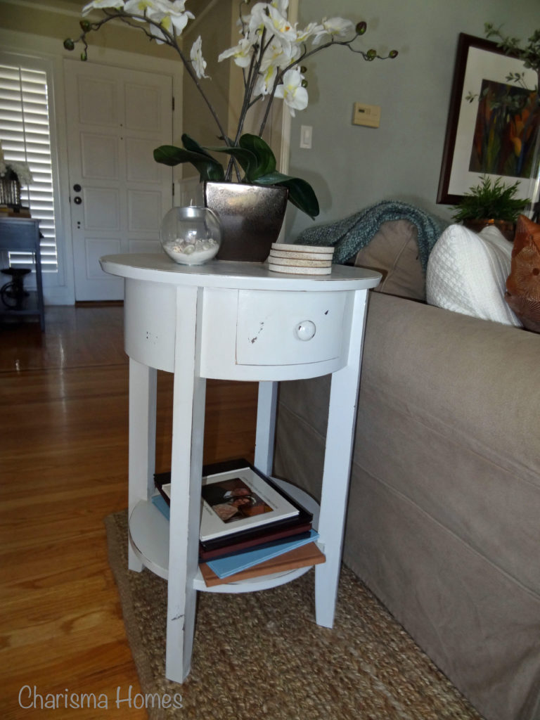 how to distress furniture, distressed side table after, stonington gray painted table