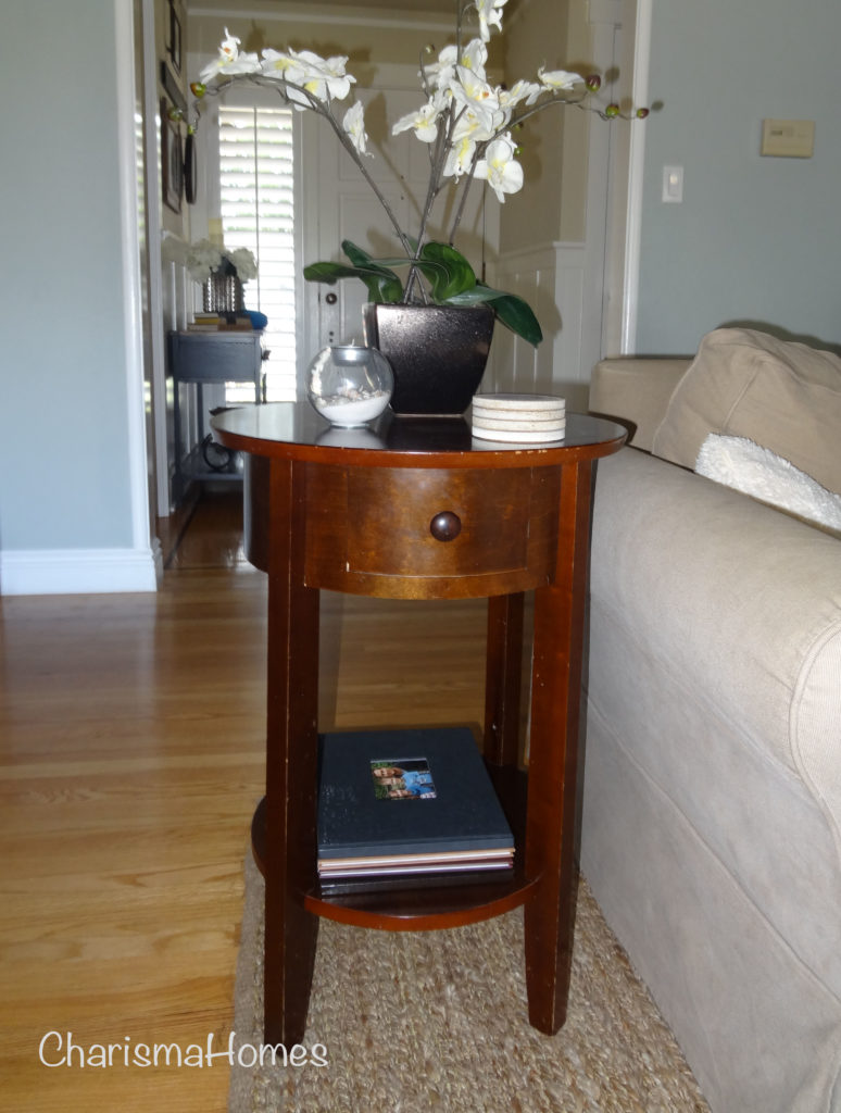 distressed side table before