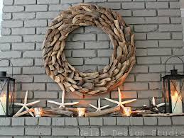 driftwood wreath over fireplace