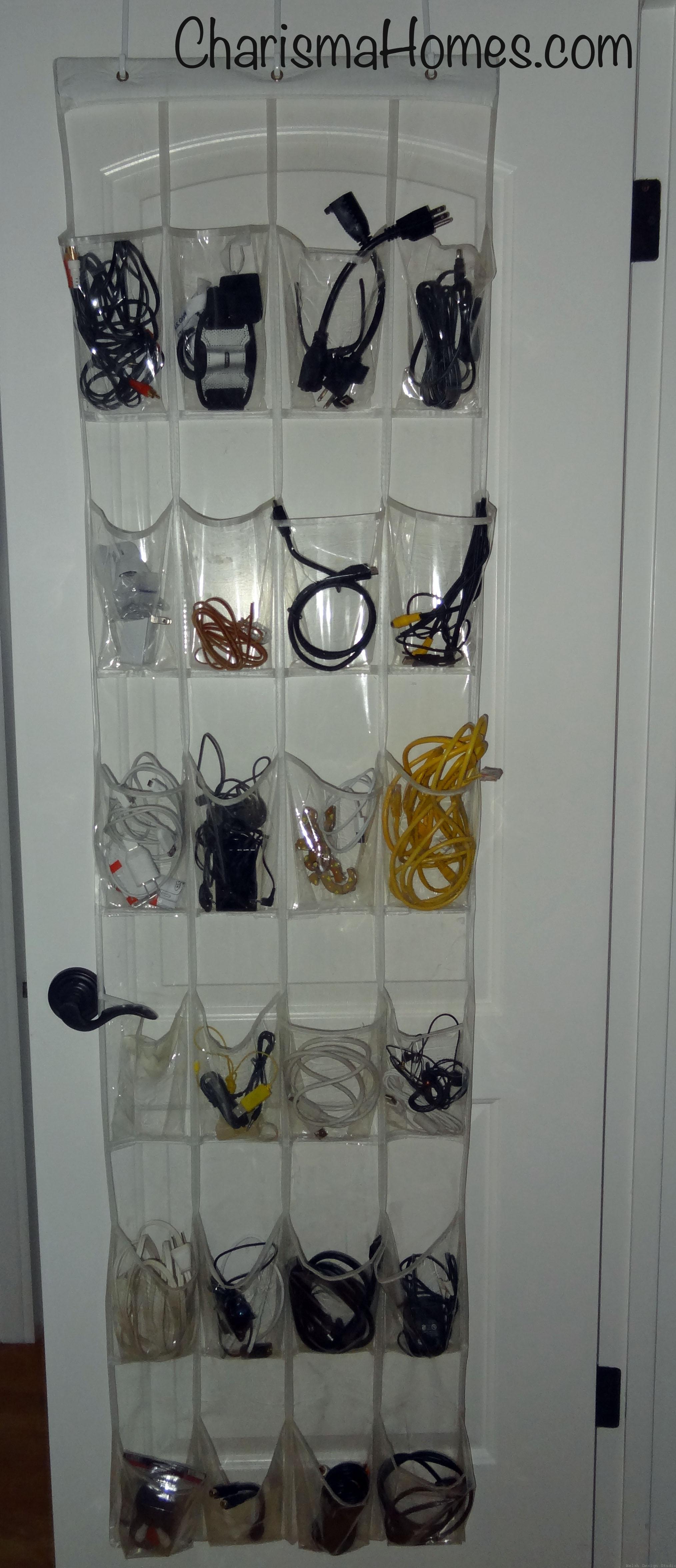 organize cords using a hanging shoe organizer