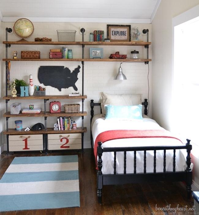 industrial boys bedroom with pipe shelves