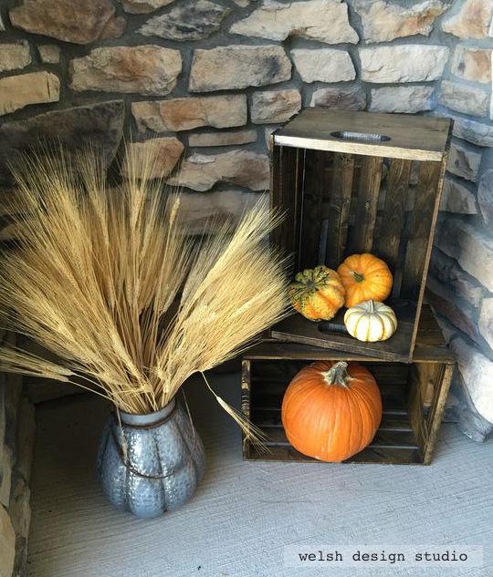 fall front porch crates with pumpkins