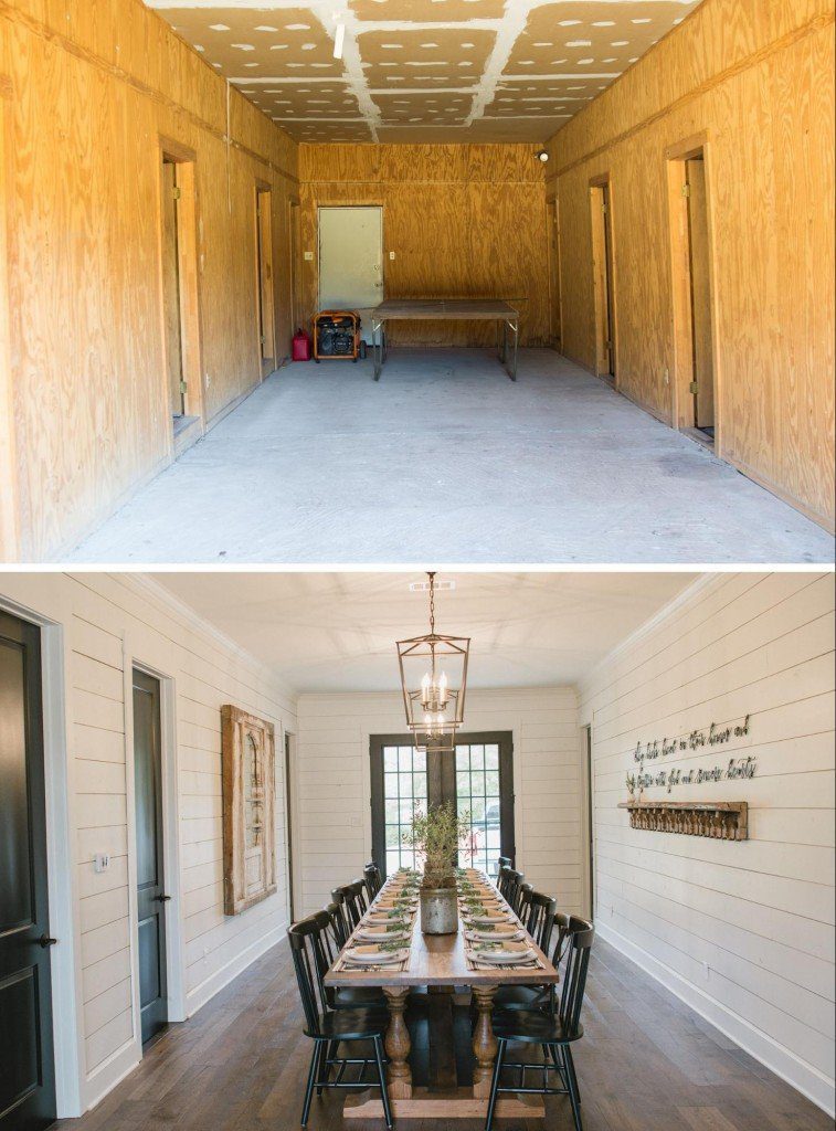 fixer upper white shiplap dining room with black doors