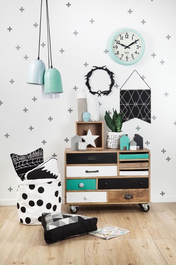 black and white and teal bedroom