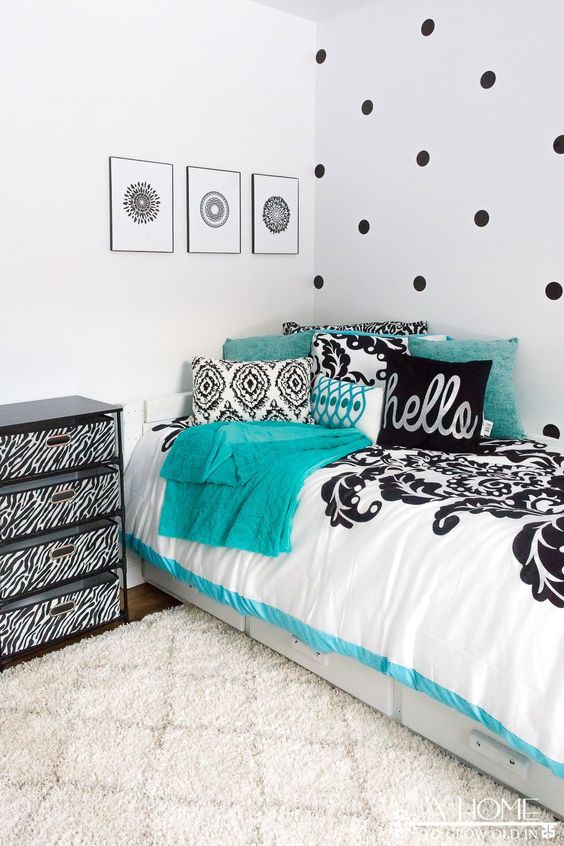 black and white and teal bedroom