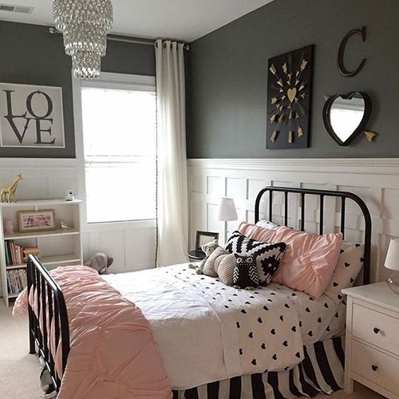 black white gray and pink bedroom