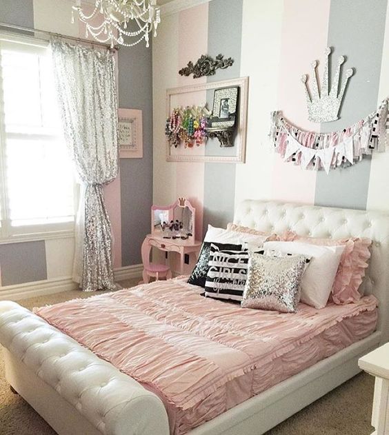 gray and pink stripe bedroom