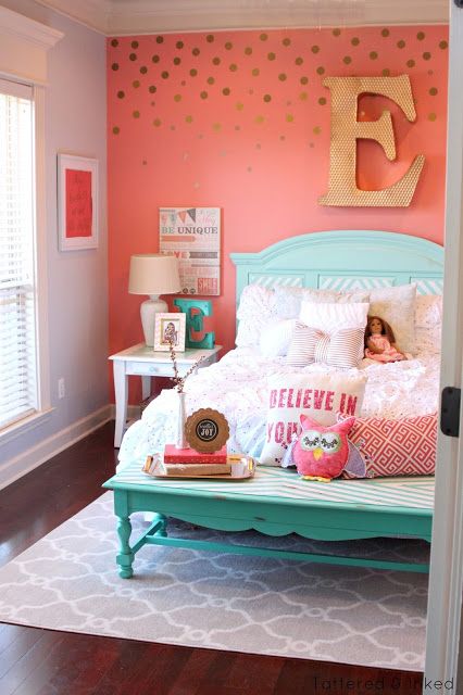 teal and coral bedroom