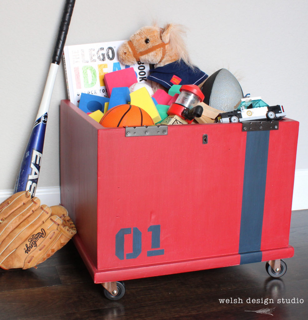 red toy box with navy stripe