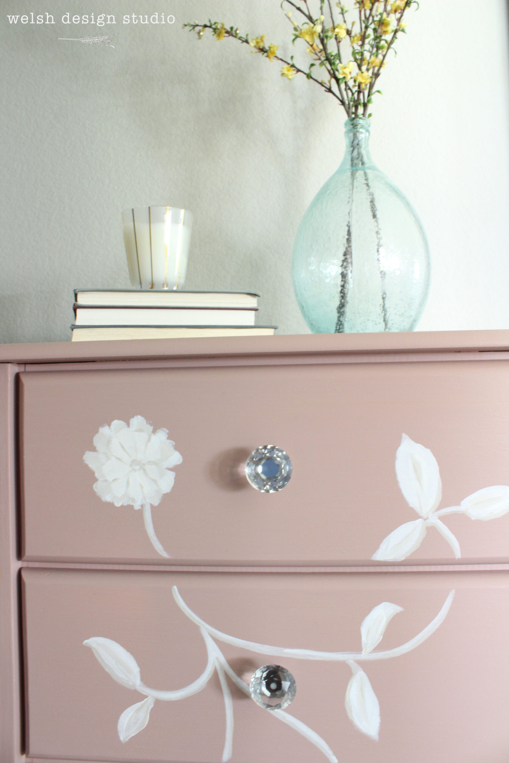 pink painted floral chest of drawers