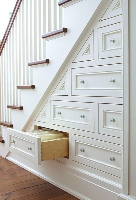 built-in drawers under stairs