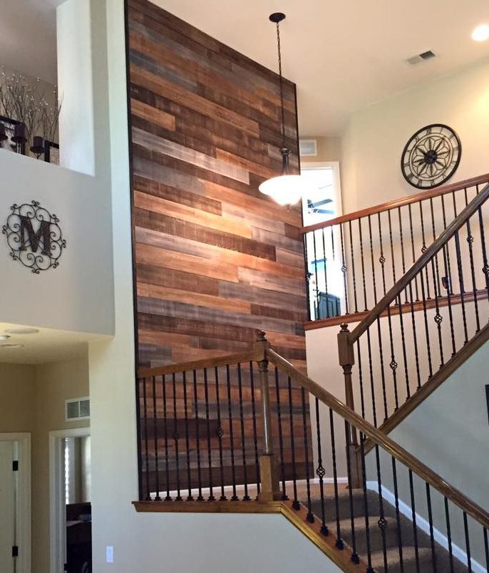 reclaimed wood accent stair wall
