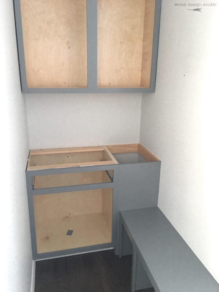 Gray mudroom cabinets