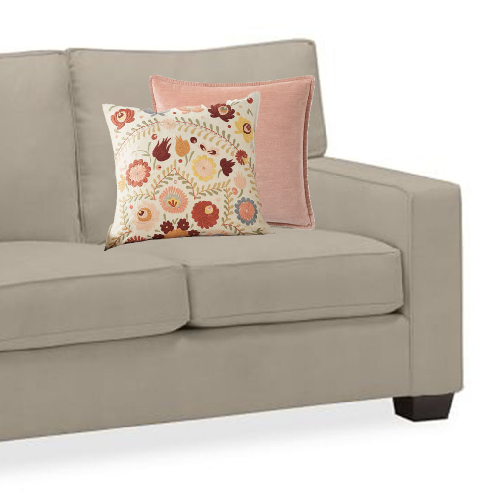 pink and gray sofa pillows