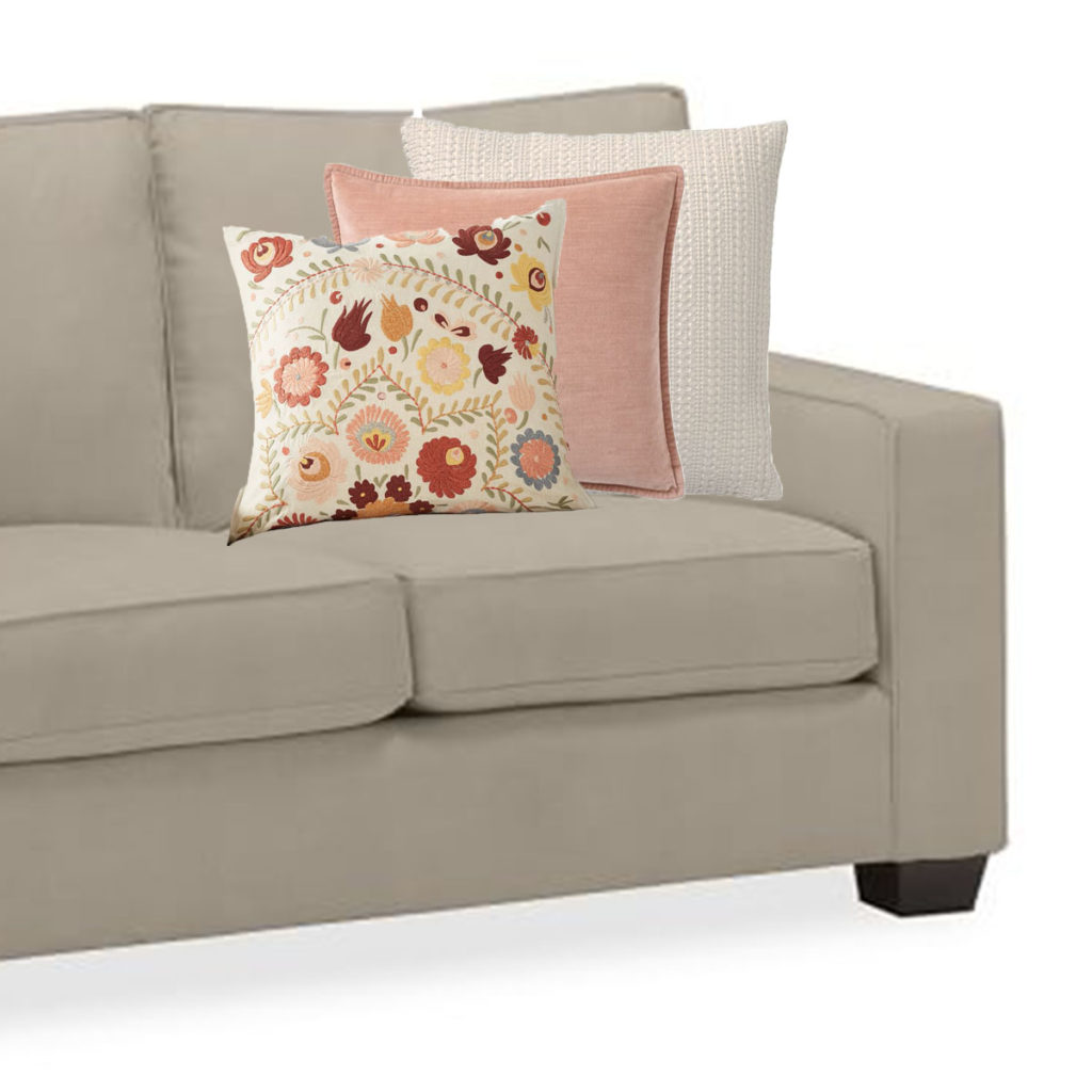 pink and white pillows for gray sofa