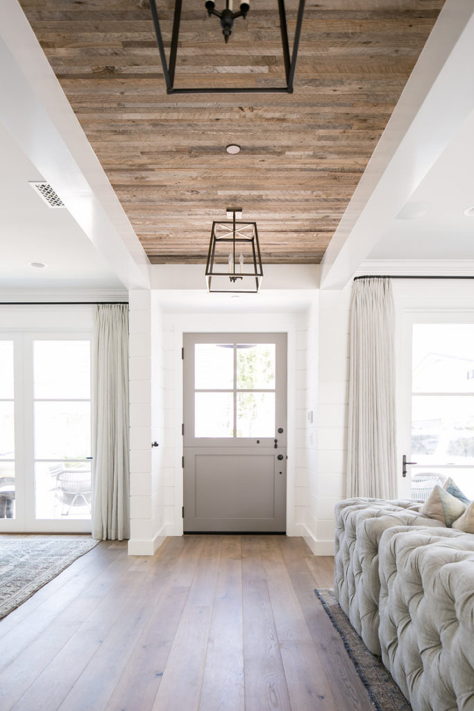 wood plank ceiling in entry way