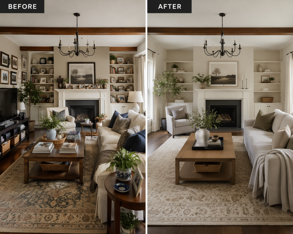 before and after of a living room with too much visual clutter