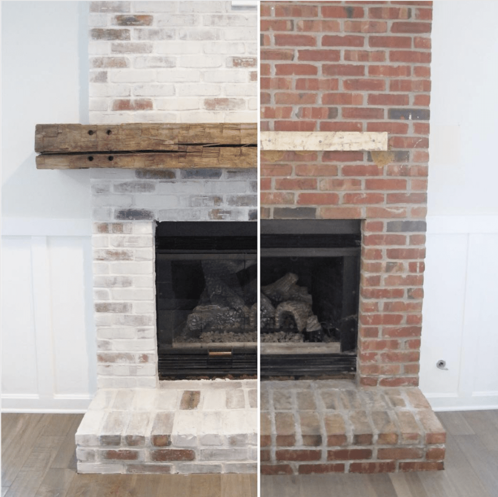 limewash brick fireplace
