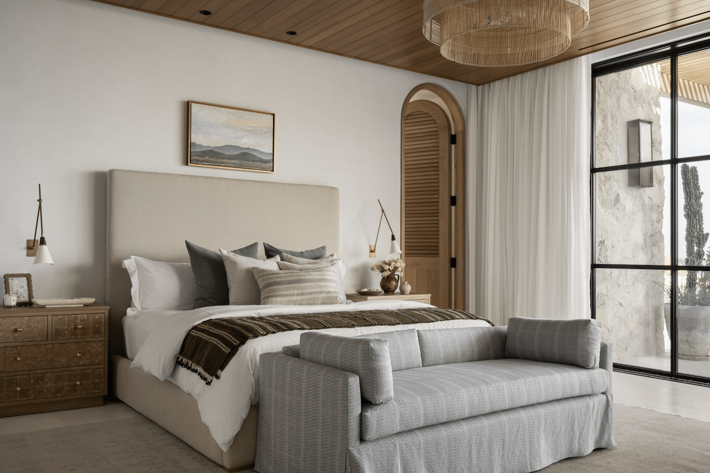 california casual bedroom with wood ceiling