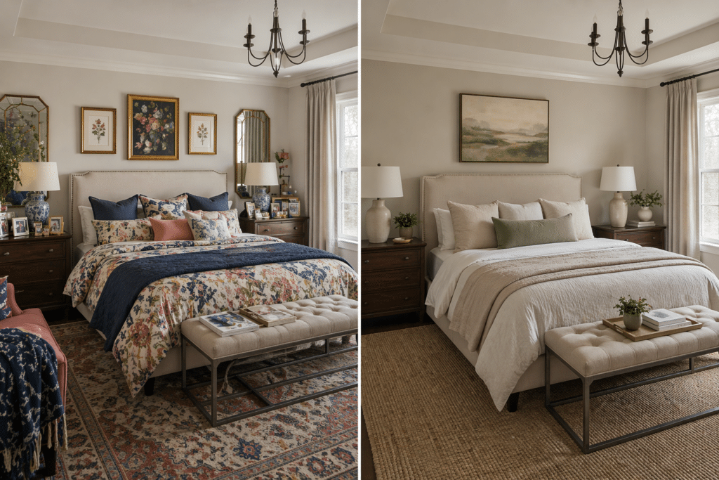 example of a bedroom with too much visual clutter vs a minimalist bedroom
