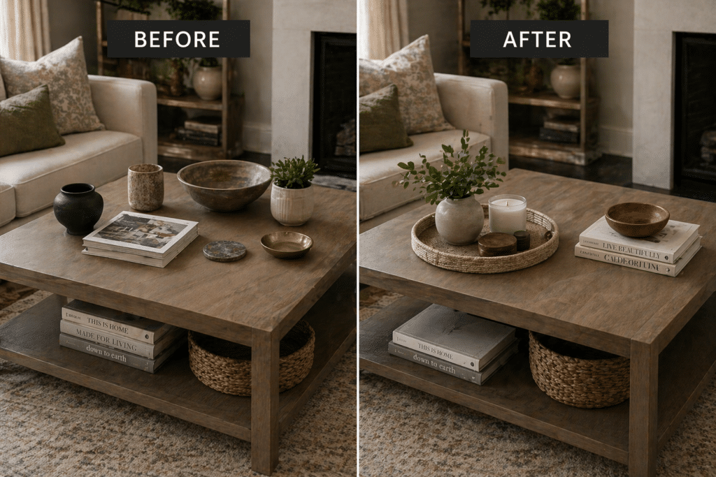 example of grouping items together on a coffee table to reduce visual clutter in a house