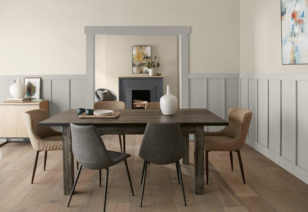 behr cotton knit dining room with wainscoting off-white paint colors