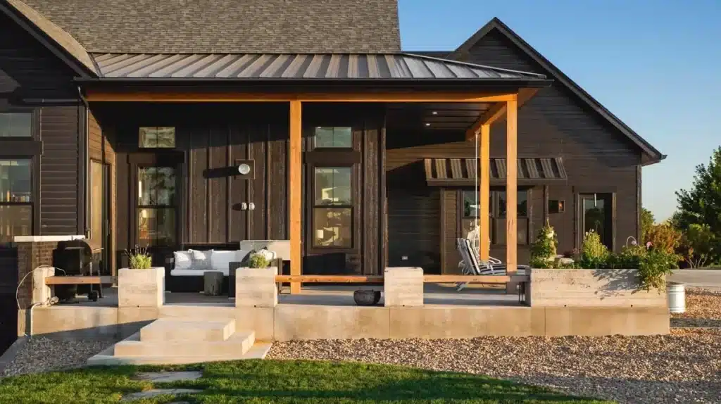 black house with cedar accents metal roof