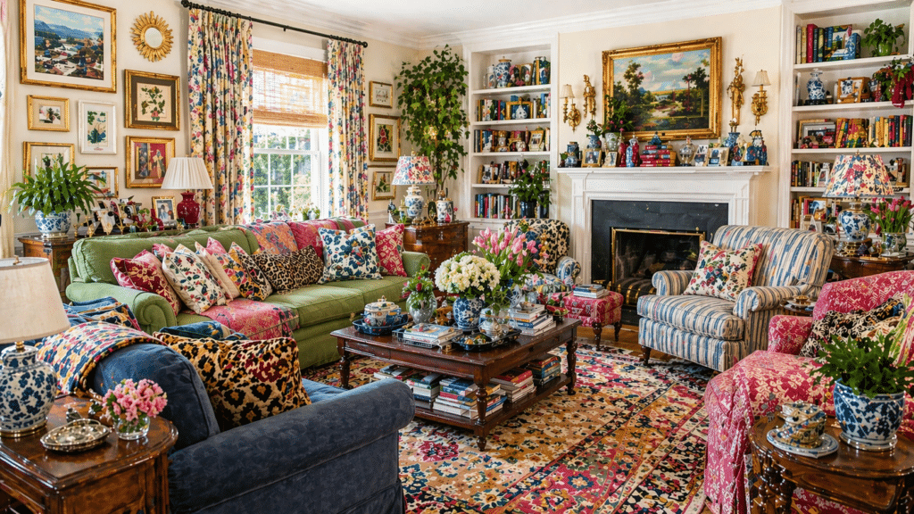 example of a visually cluttered living room with too much home decor