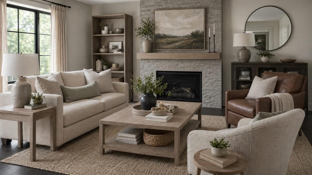 a calm cohesive living room with consistent materials and finishes