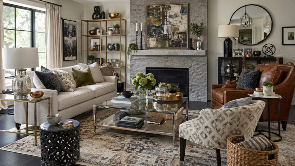 a living room with too many mixed materials and finishes creating visual clutter