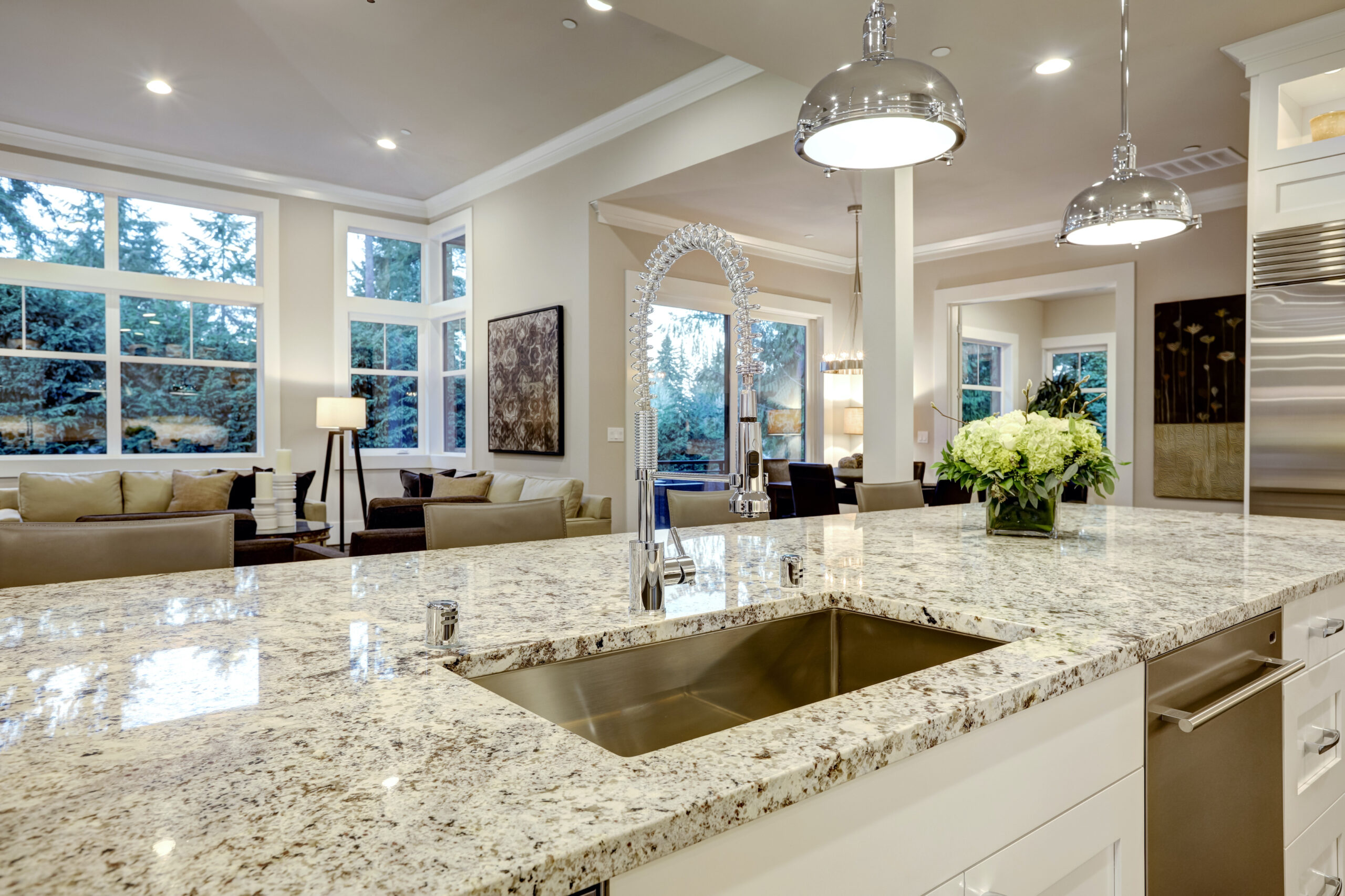granite countertops with white cabinets