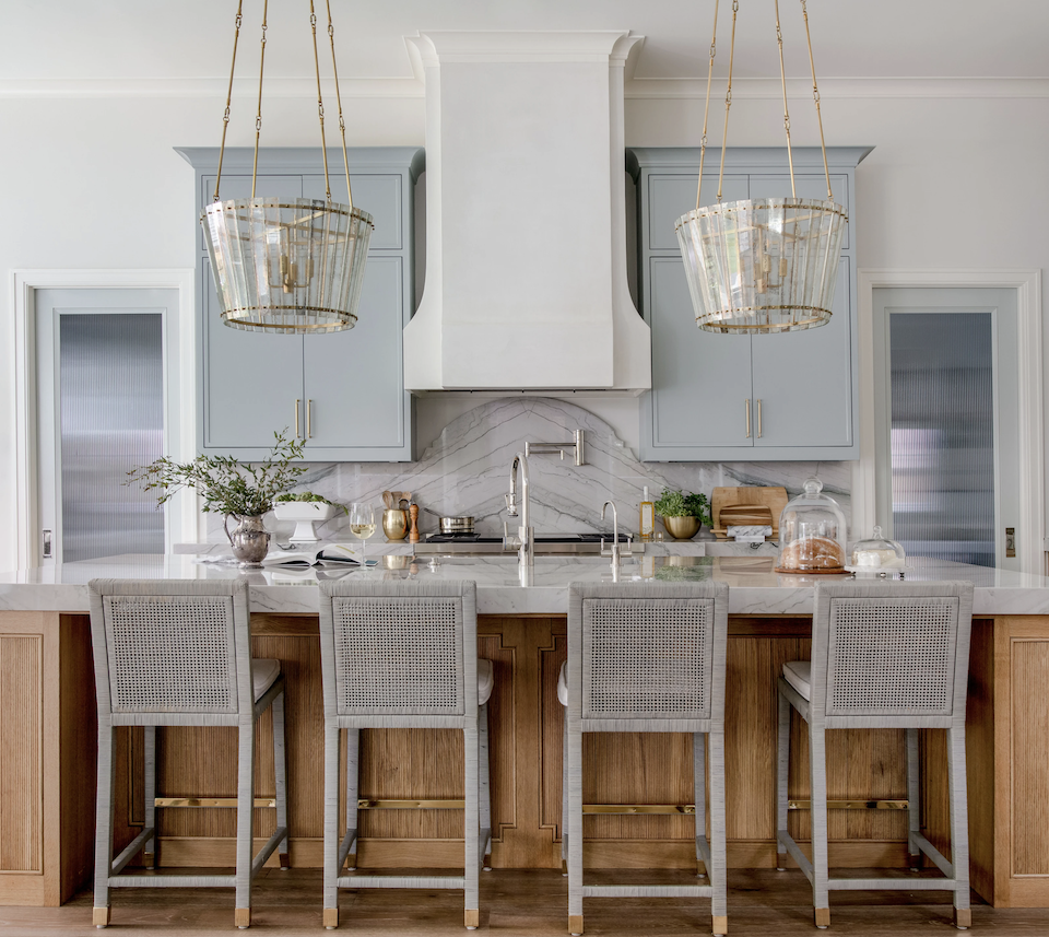 light blue painted kitchen cabinets with wood island kitchen trends 2023