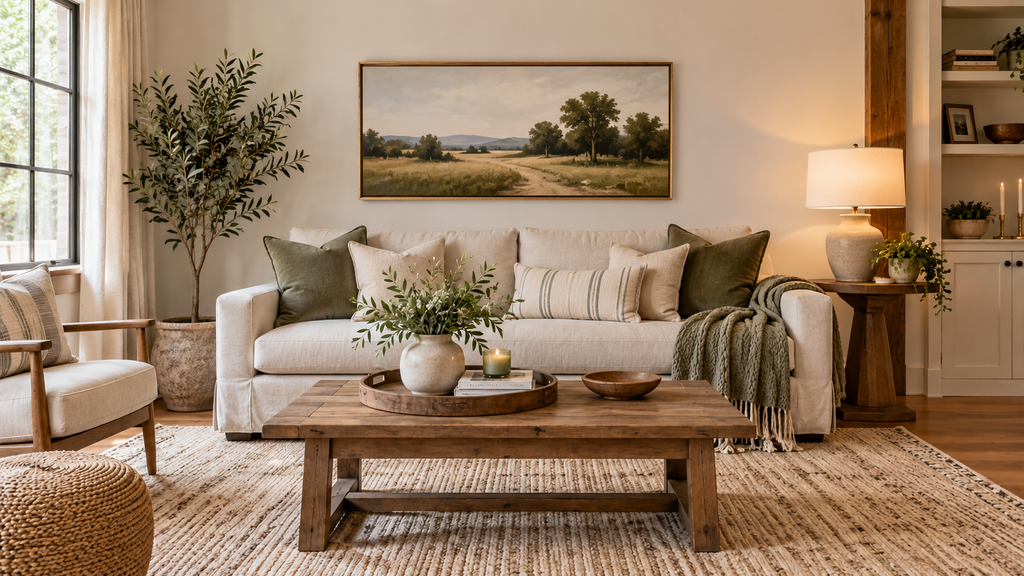 living room with properly sized artwork above the sofa