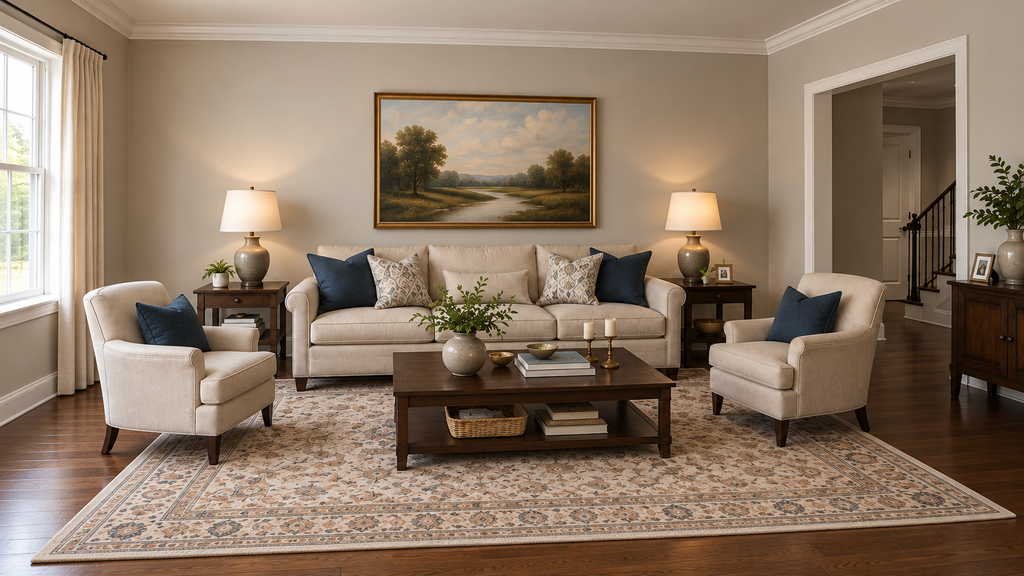 living room with a properly sized area rug connecting the seating area