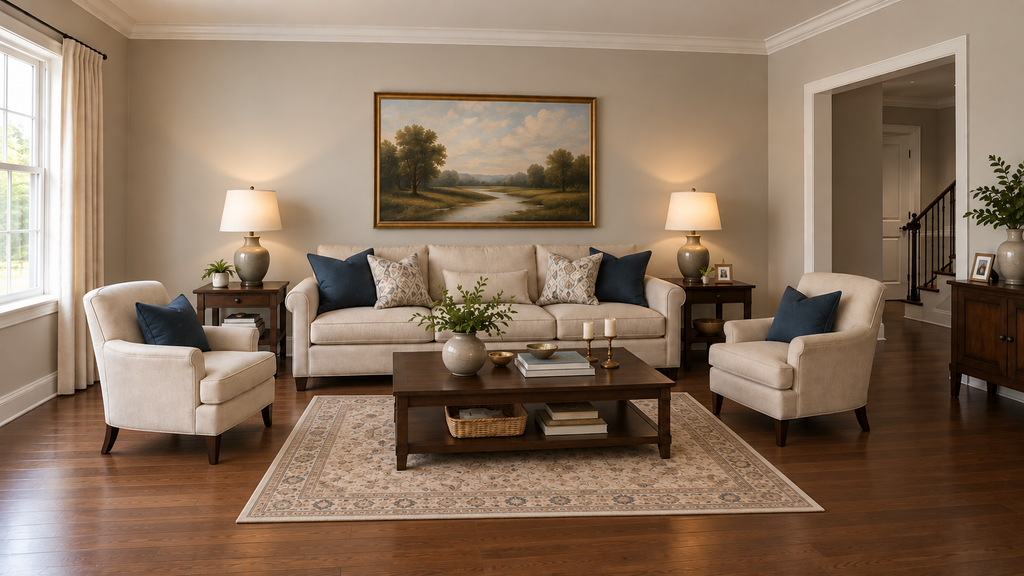 living room with an area rug that is too small