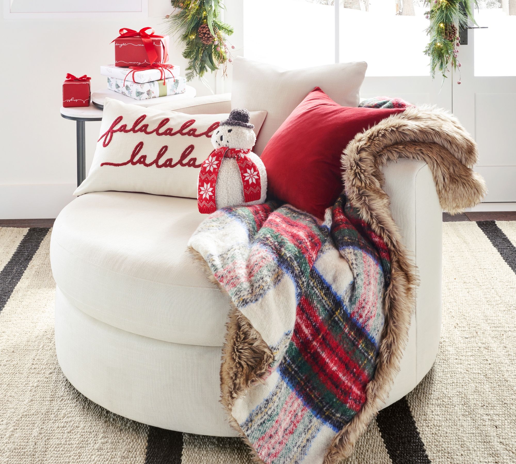 holiday decorating with plaid blanket