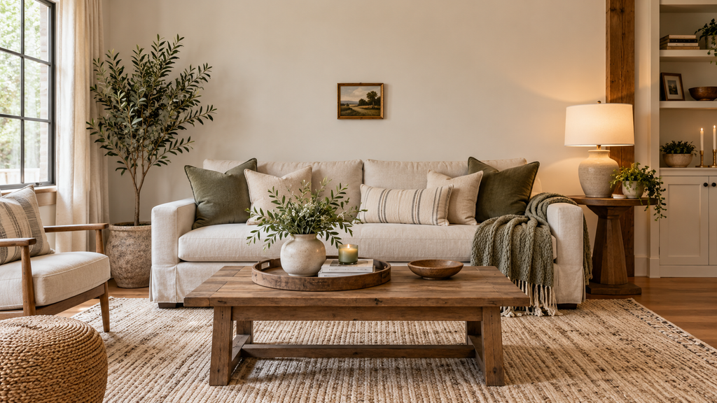 living room with artwork that is too small above the sofa