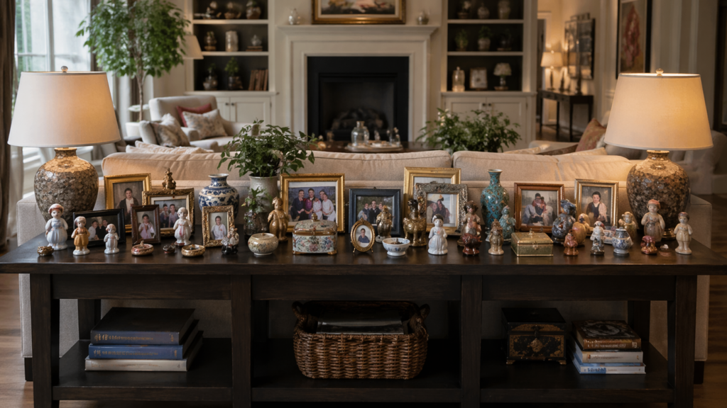 visual clutter in a living room with too many small decor items