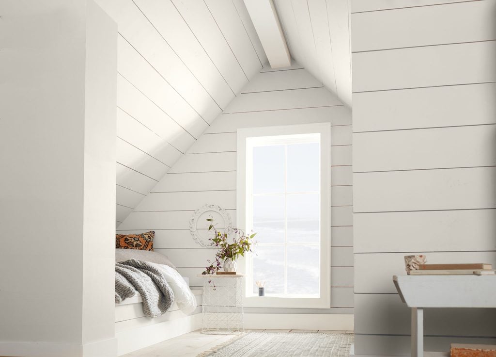 BEHR smoky white shiplap bedroom