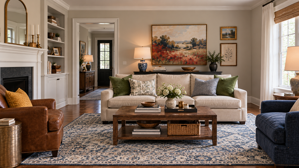 living room with a disconnected color palette