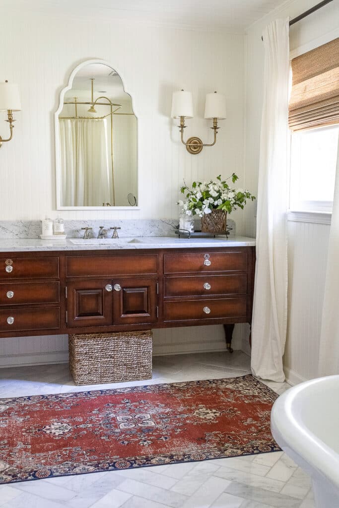 vintage rug in bathroom