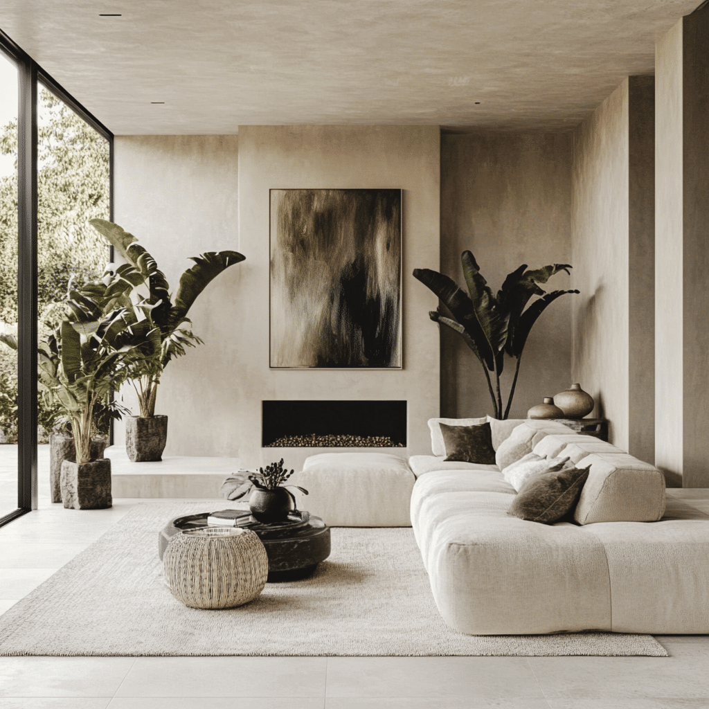 modern style living room with abstract art and plants